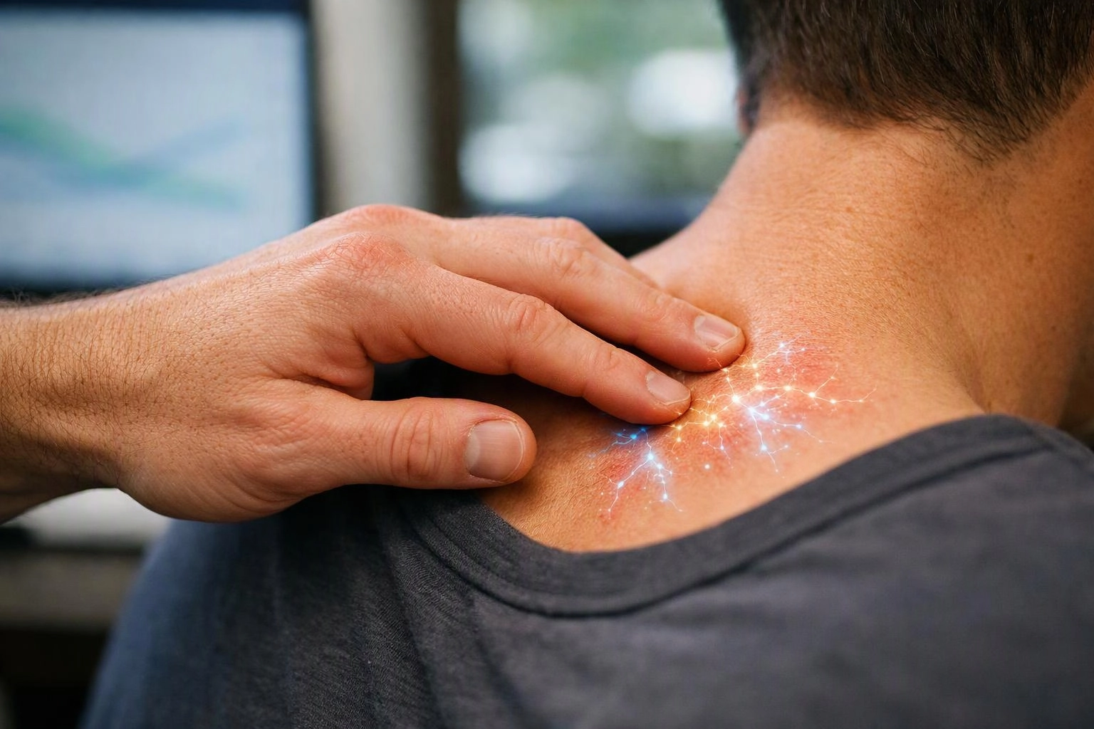 A hand presses the back of a person’s neck, with a glowing pain effect over the skin