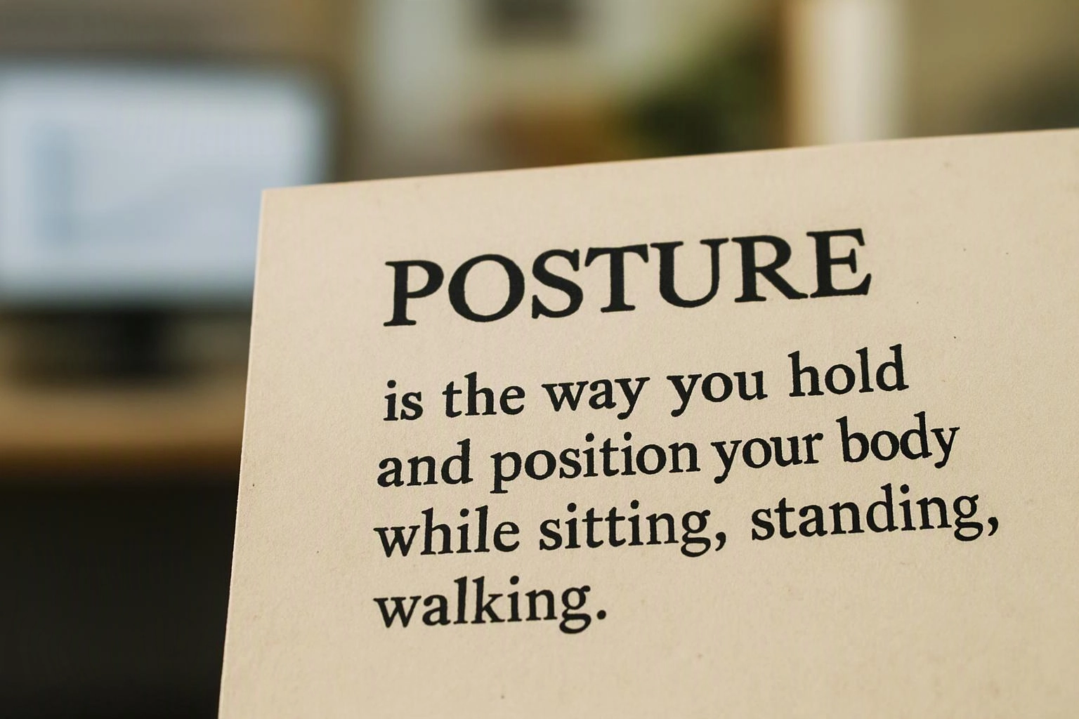 A printed card defines “POSTURE” in large text against a blurred indoor background