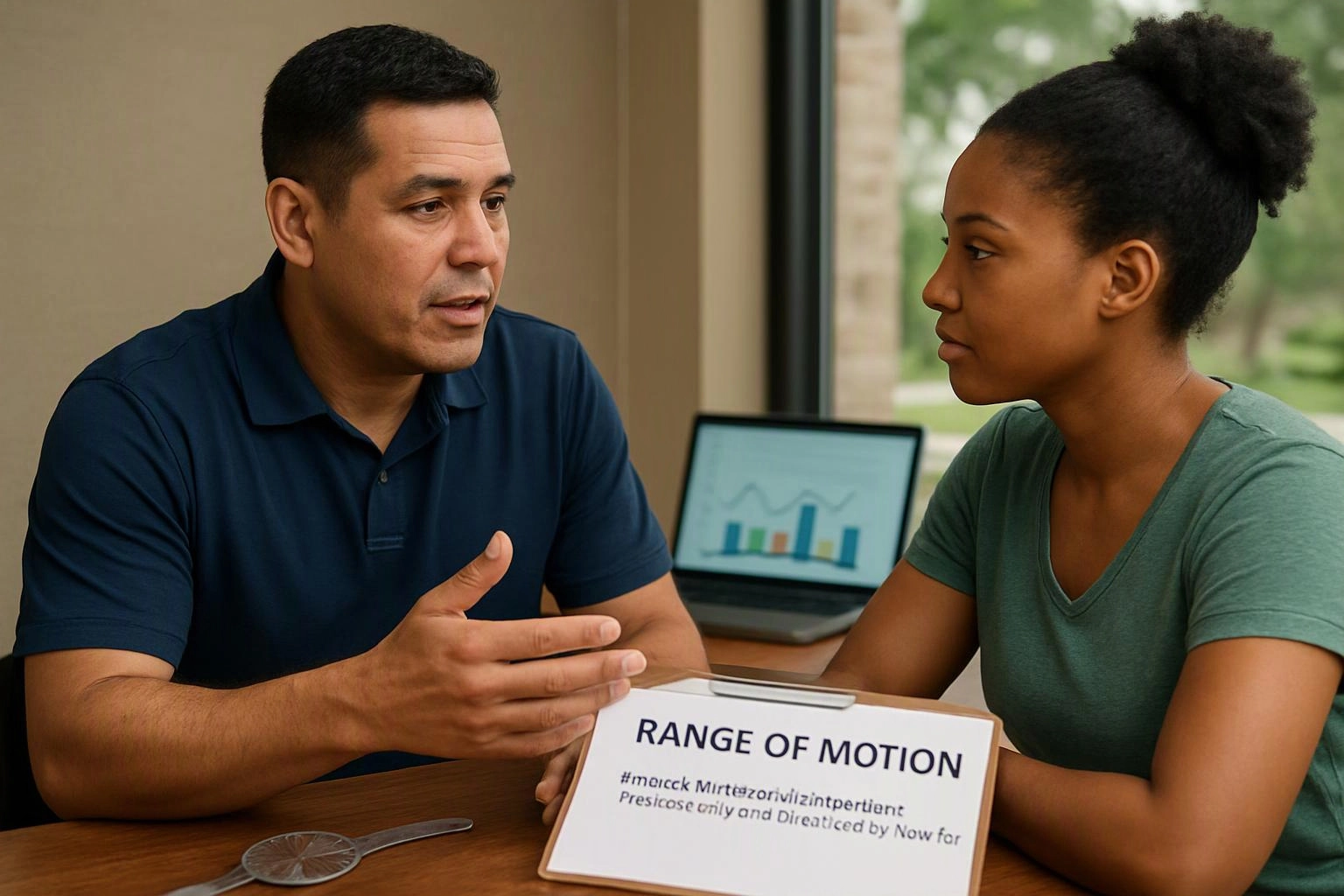 A man gestures while speaking with a woman at a table