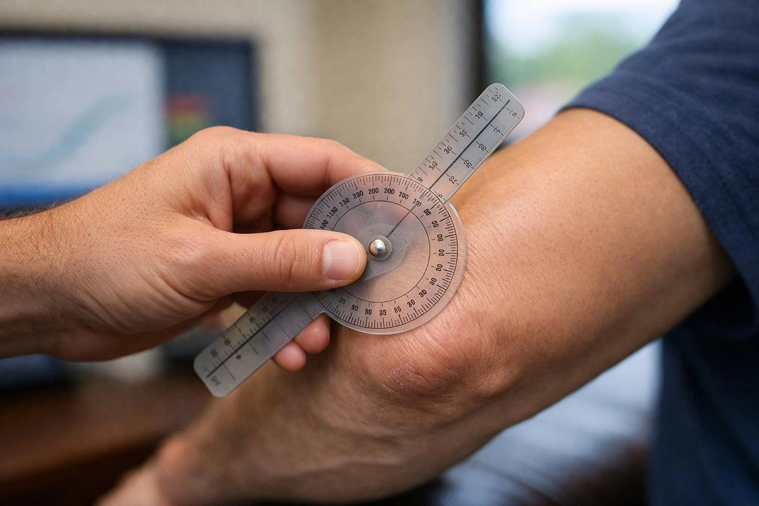 A hand measures a bent elbow with a clear plastic goniometer in a close-up clinical setting