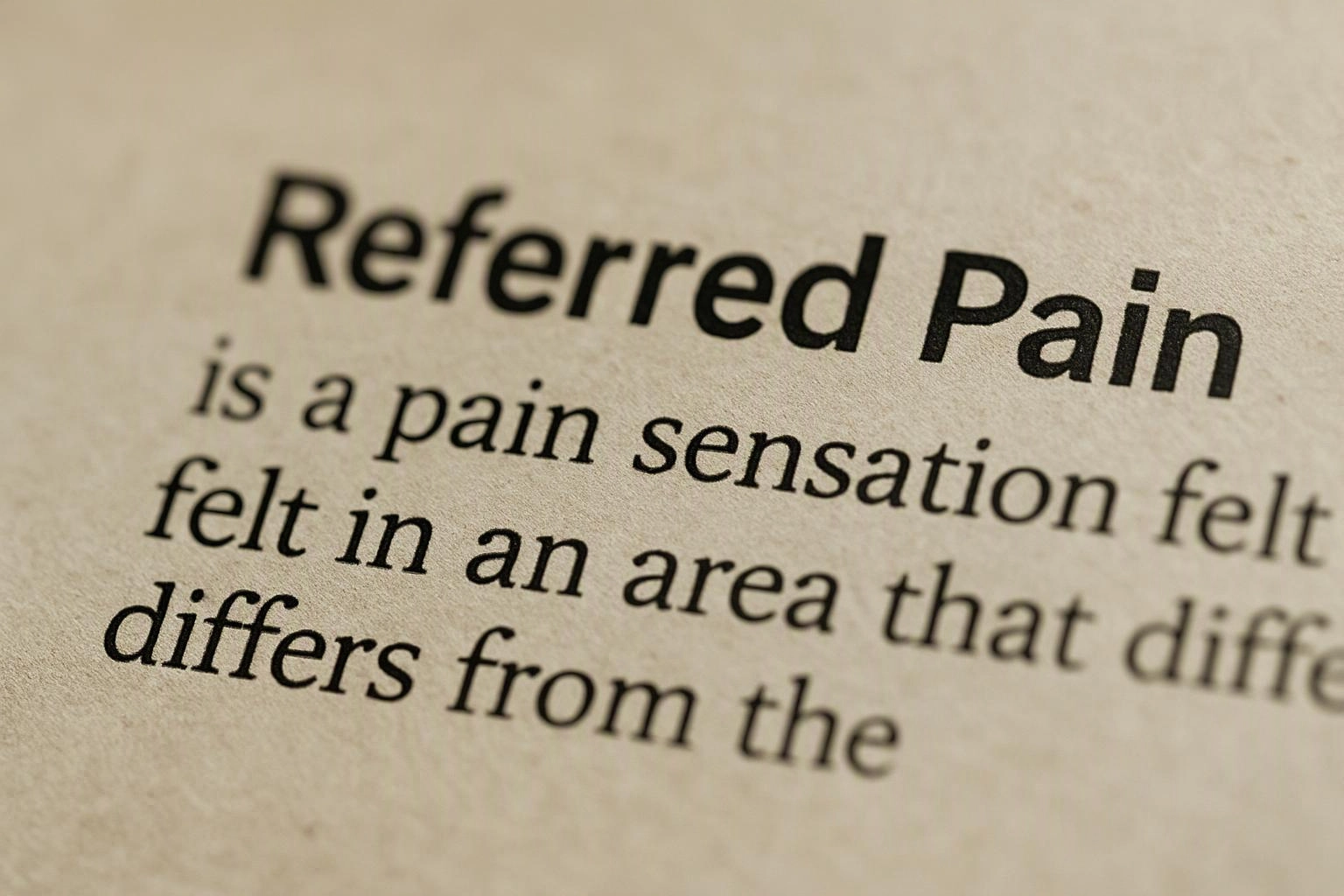 A close-up of a printed page shows the bold heading "Referred Pain" and blurred medical text underneath