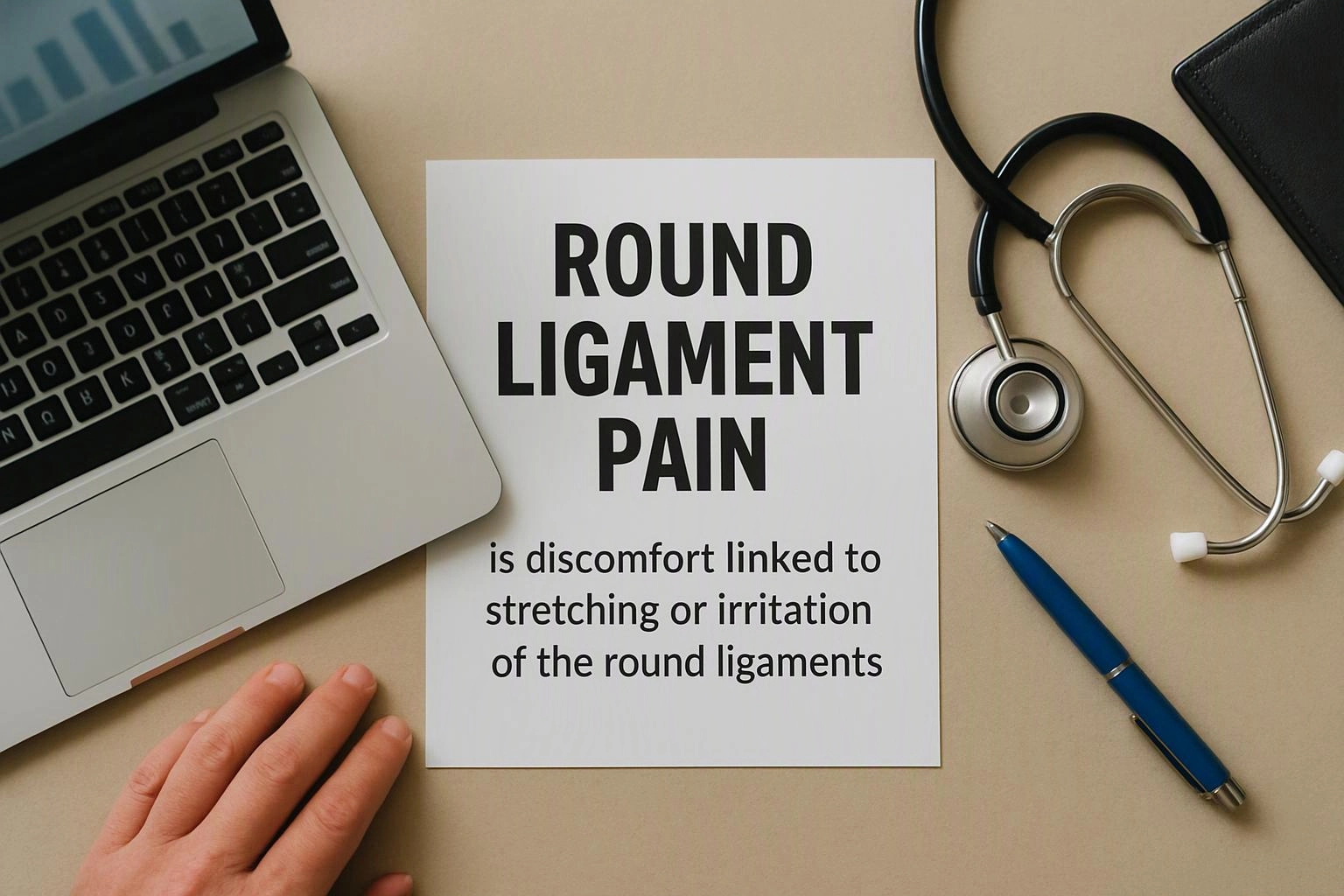 A medical handout about round ligament pain lies beside a laptop, stethoscope, pen, and a resting hand