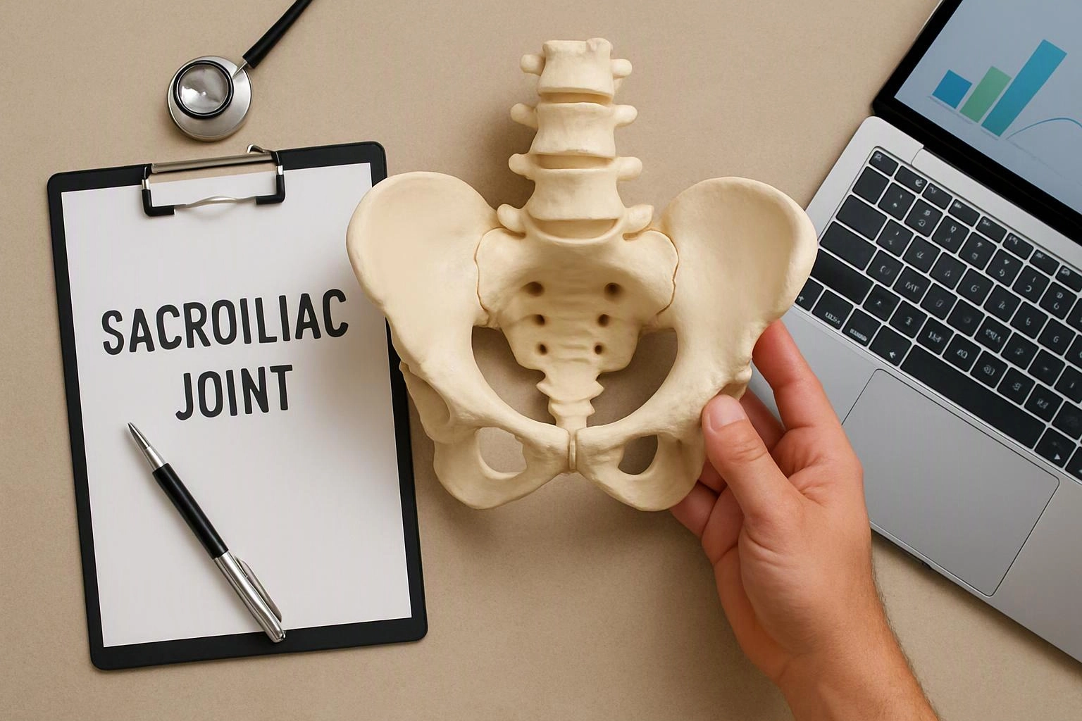 A hand holds a pelvis model beside a clipboard reading “SACROILIAC JOINT,” with a laptop and stethoscope nearby