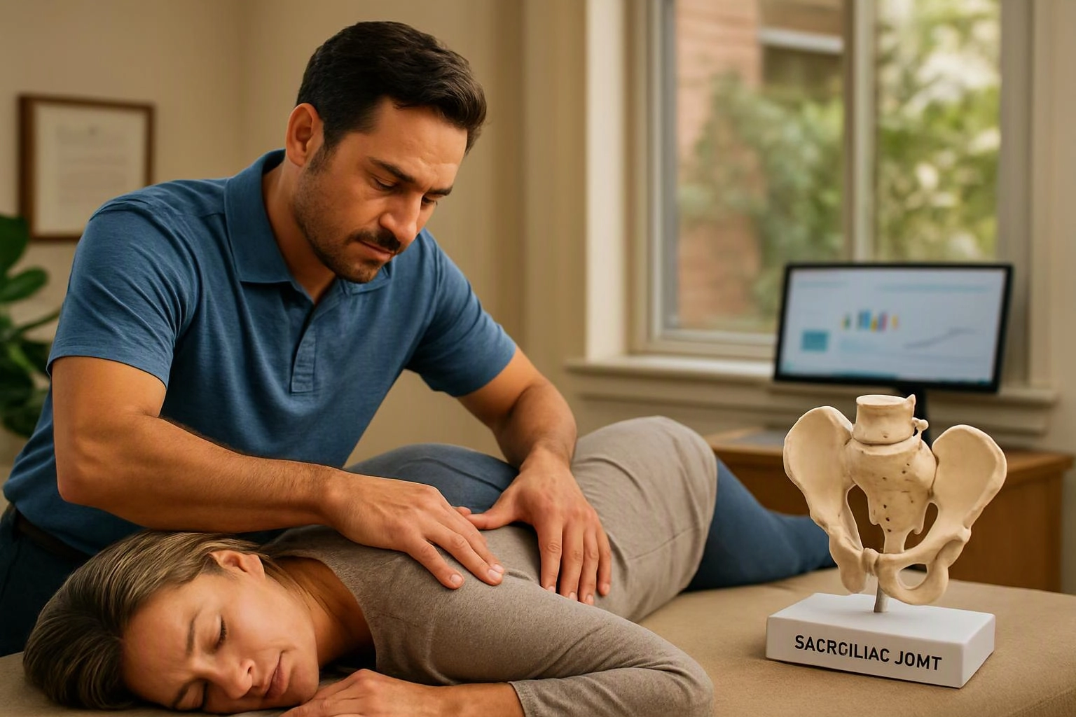 A man in a blue shirt gives a woman a back treatment beside a pelvis model in a bright room