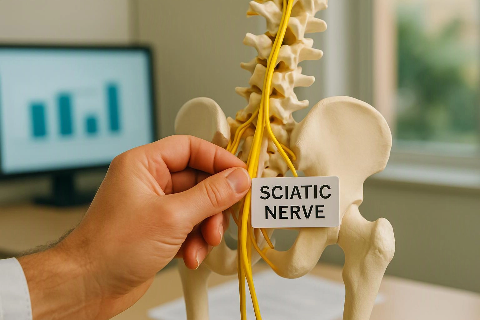 A hand points to a pelvis model with yellow nerves labeled “SCIATIC NERVE” in a clinic room