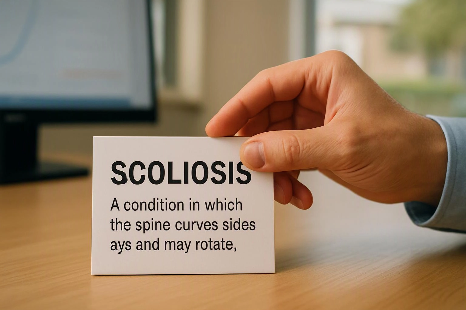 A hand holds a card reading “SCOLIOSIS” beside a blurred computer screen on a desk