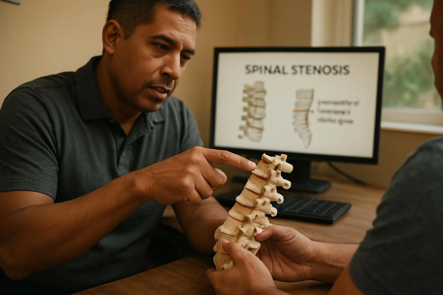 A man points to a spine model during a medical discussion beside a monitor showing spinal stenosis diagrams