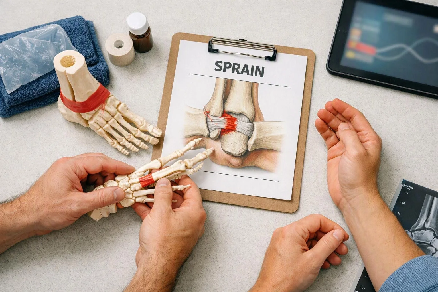 Hands examine a foot skeleton and a clipboard labeled sprain on a medical desk