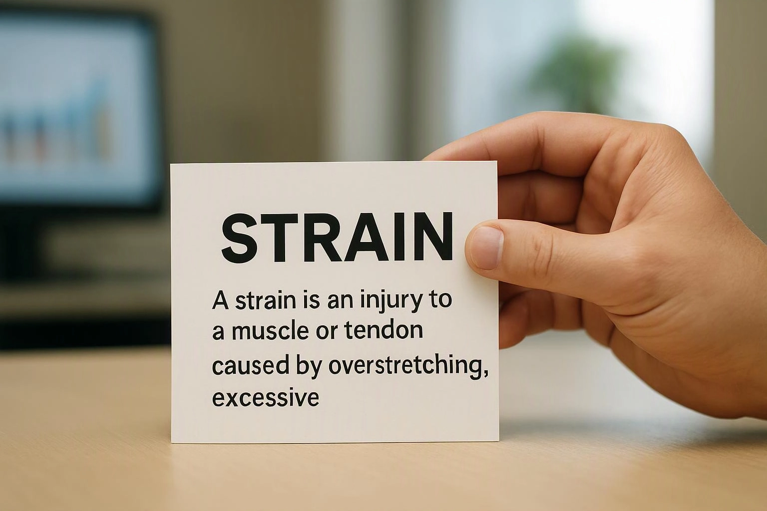 A hand holds a card reading “STRAIN” with a short definition on a desk indoors