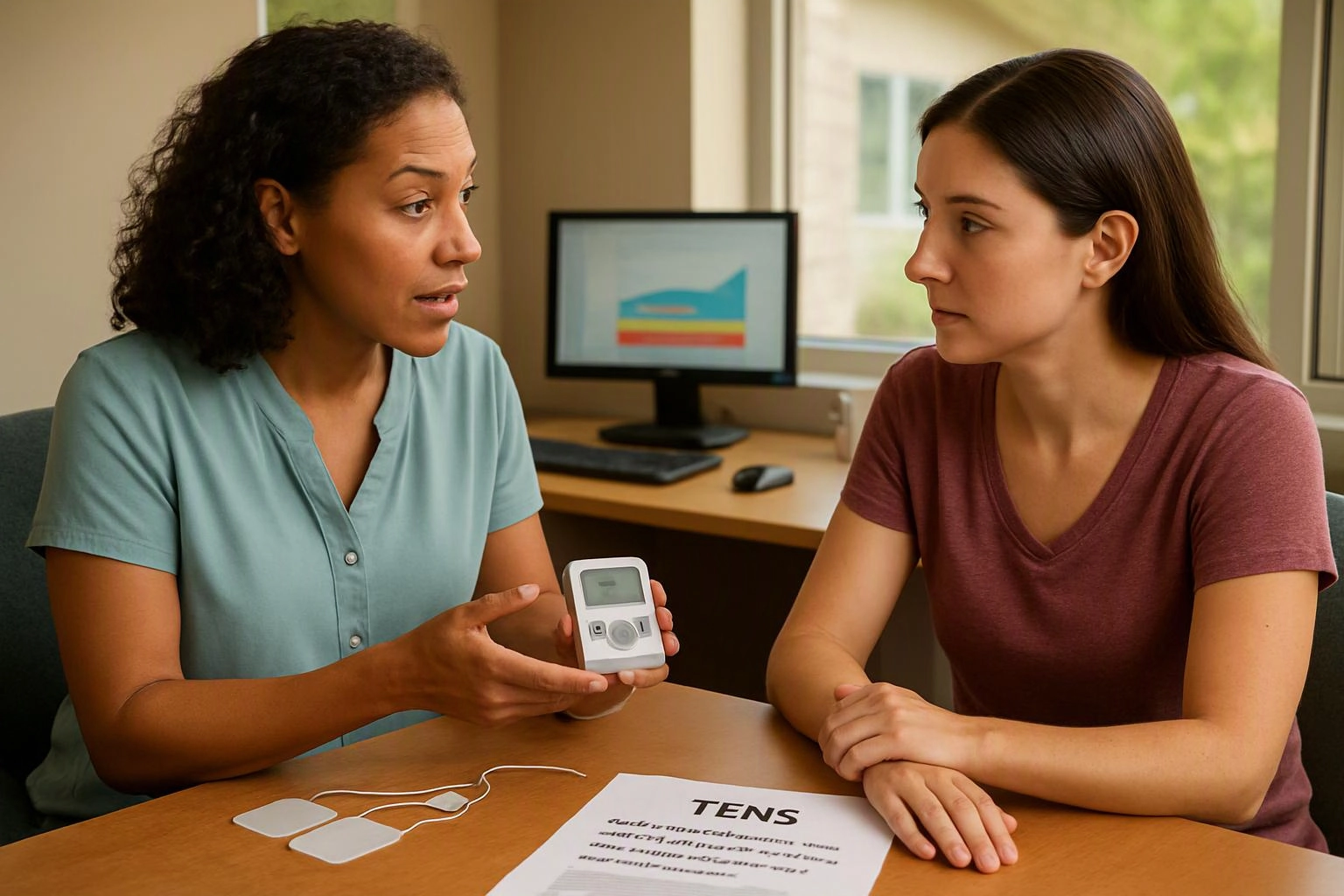 Two women sit at a table, one showing a small device and sticky pads while a TENS sheet lies in front of them