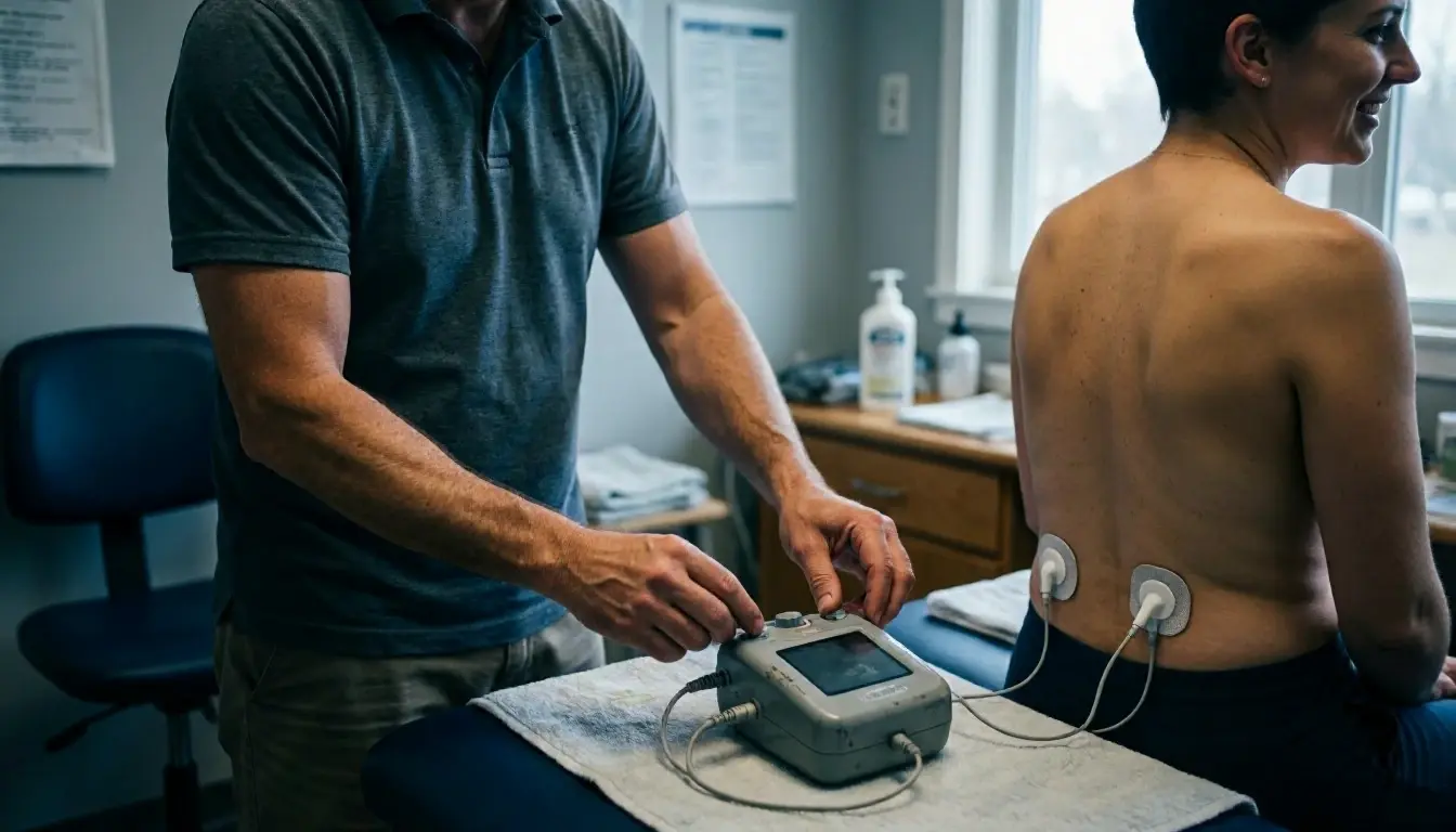 TENS Unit in Chiropractor: TENS Unit is a small, battery-powered medical device that delivers mild electrical—visual guide