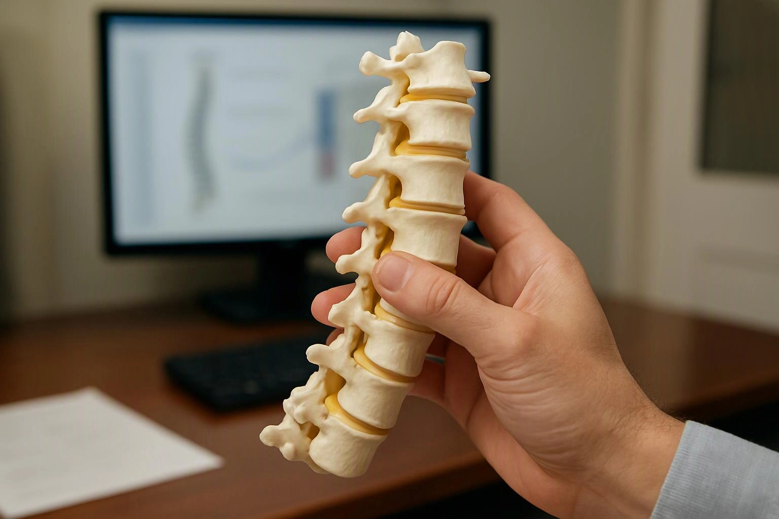 A hand holds a model spine in front of a blurred computer monitor on a desk