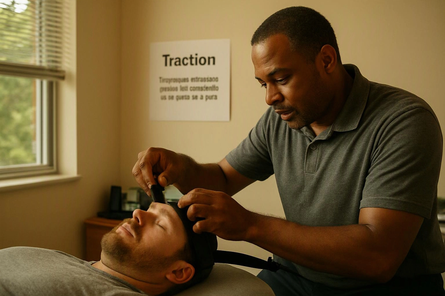 A man adjusts a head strap on a reclining patient in a therapy room by a window