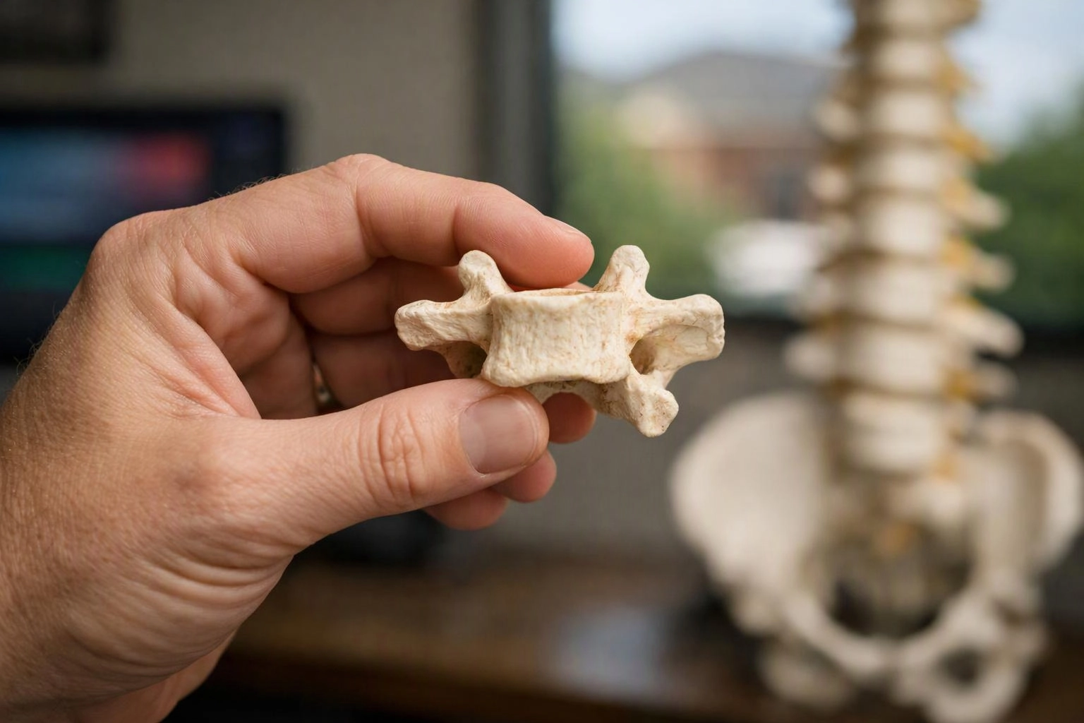 A hand holds a small vertebra bone in front of a blurred spine and pelvis model