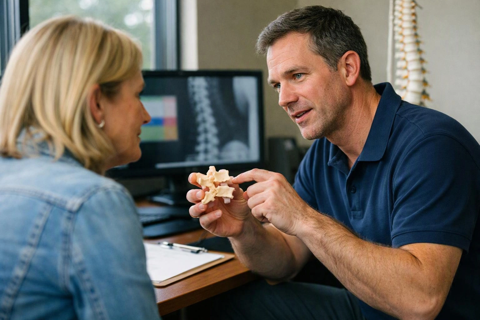 A man in a navy polo shows a spine model to a woman in a clinic office
