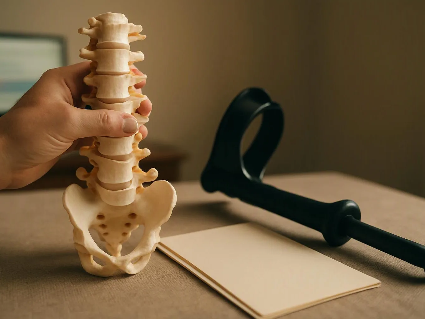 A hand holds a beige spine model beside a dark support brace and a blank notepad on a table