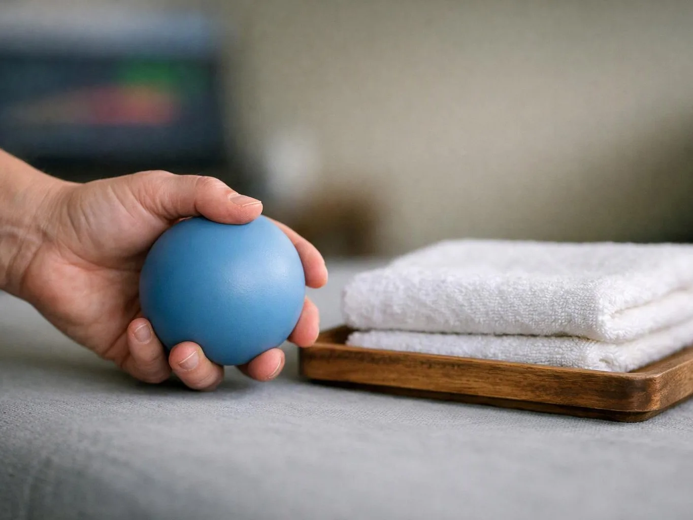 A hand holds a blue rubber ball beside folded white towels on a tray