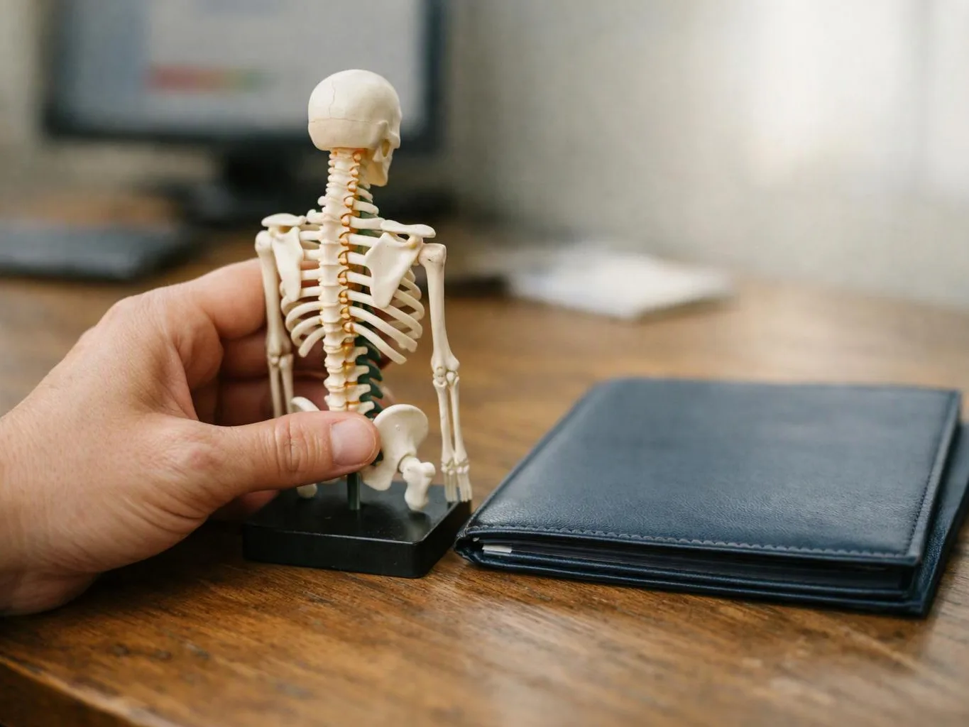 A hand holds a small skeleton figurine beside a closed blue folder on a wooden desk