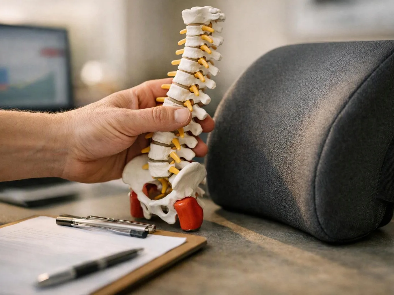 A hand holds a small spine model beside a gray cushion, with a clipboard on the table