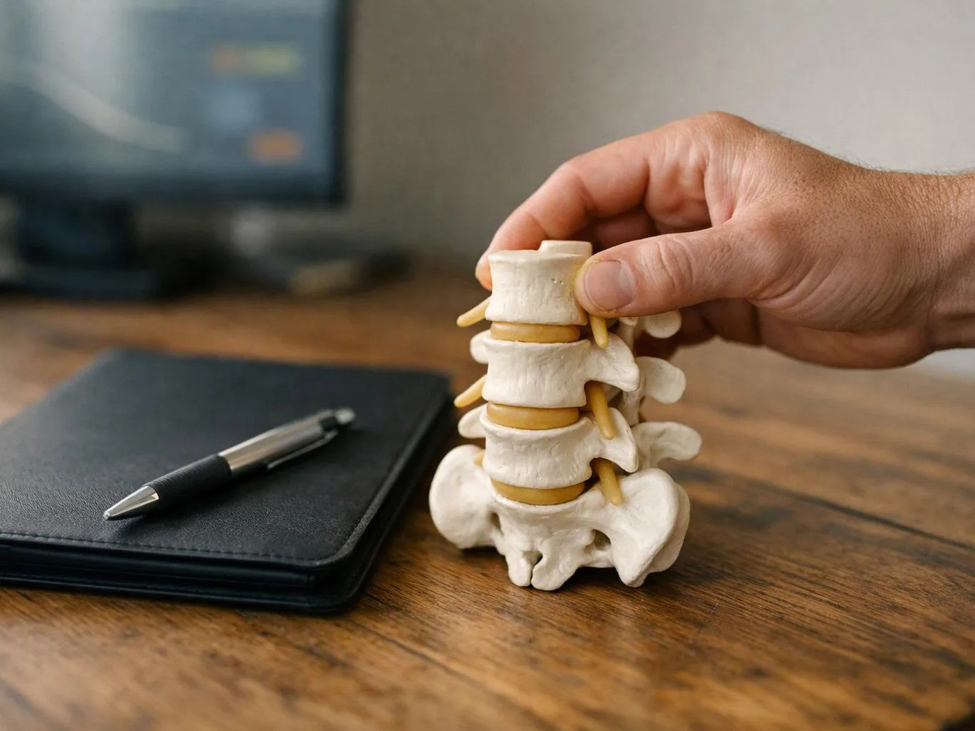 A hand holds a small spine model beside a notebook and pen on a wooden desk