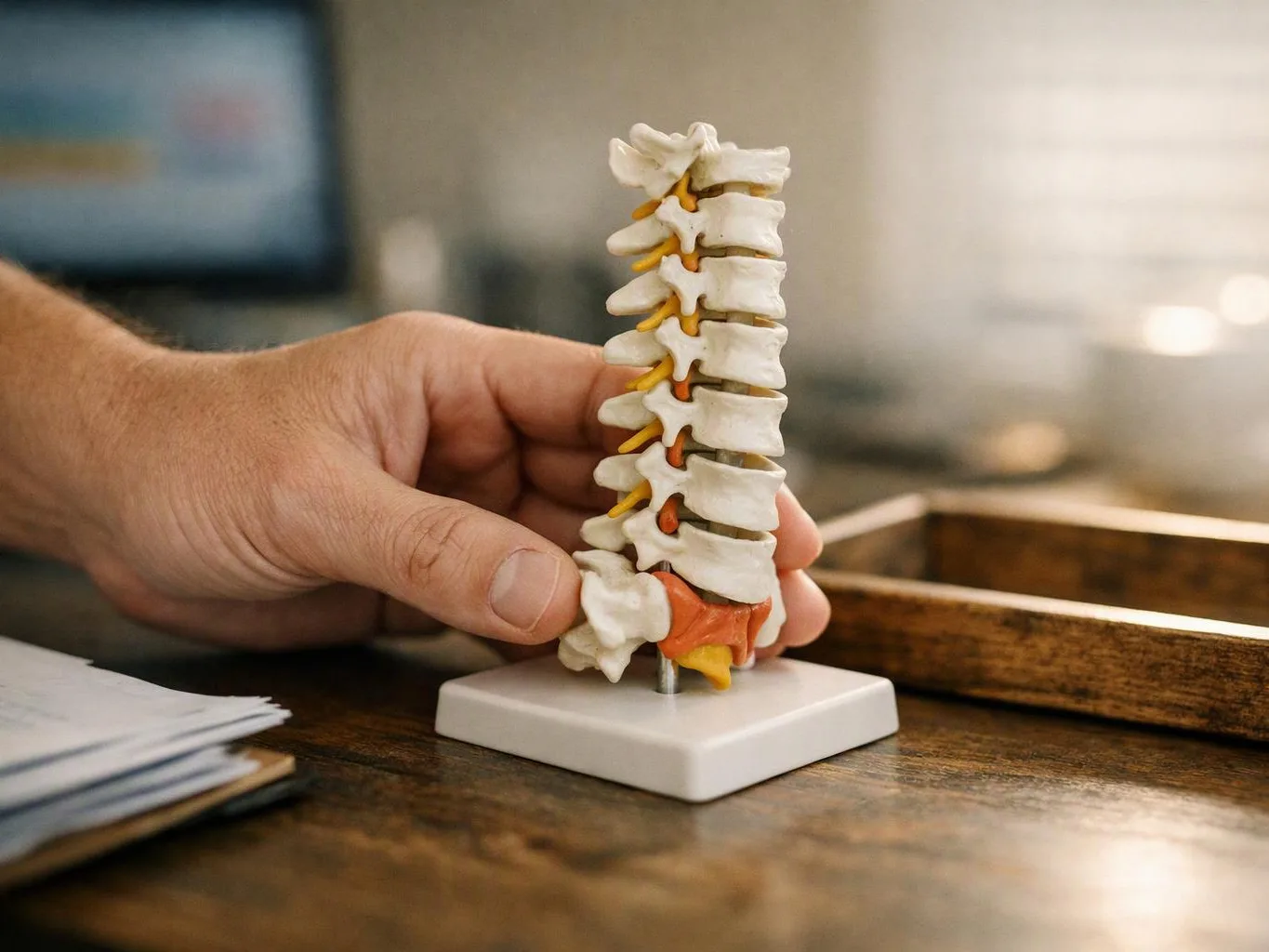 A hand holds a small spine model on a wooden desk with papers nearby