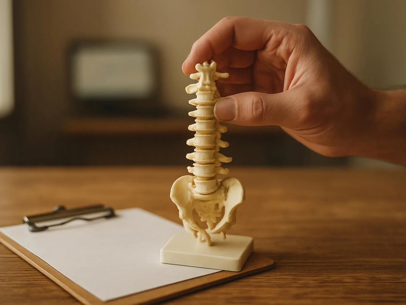 A hand holds a small spine and pelvis model above a clipboard on a wooden desk