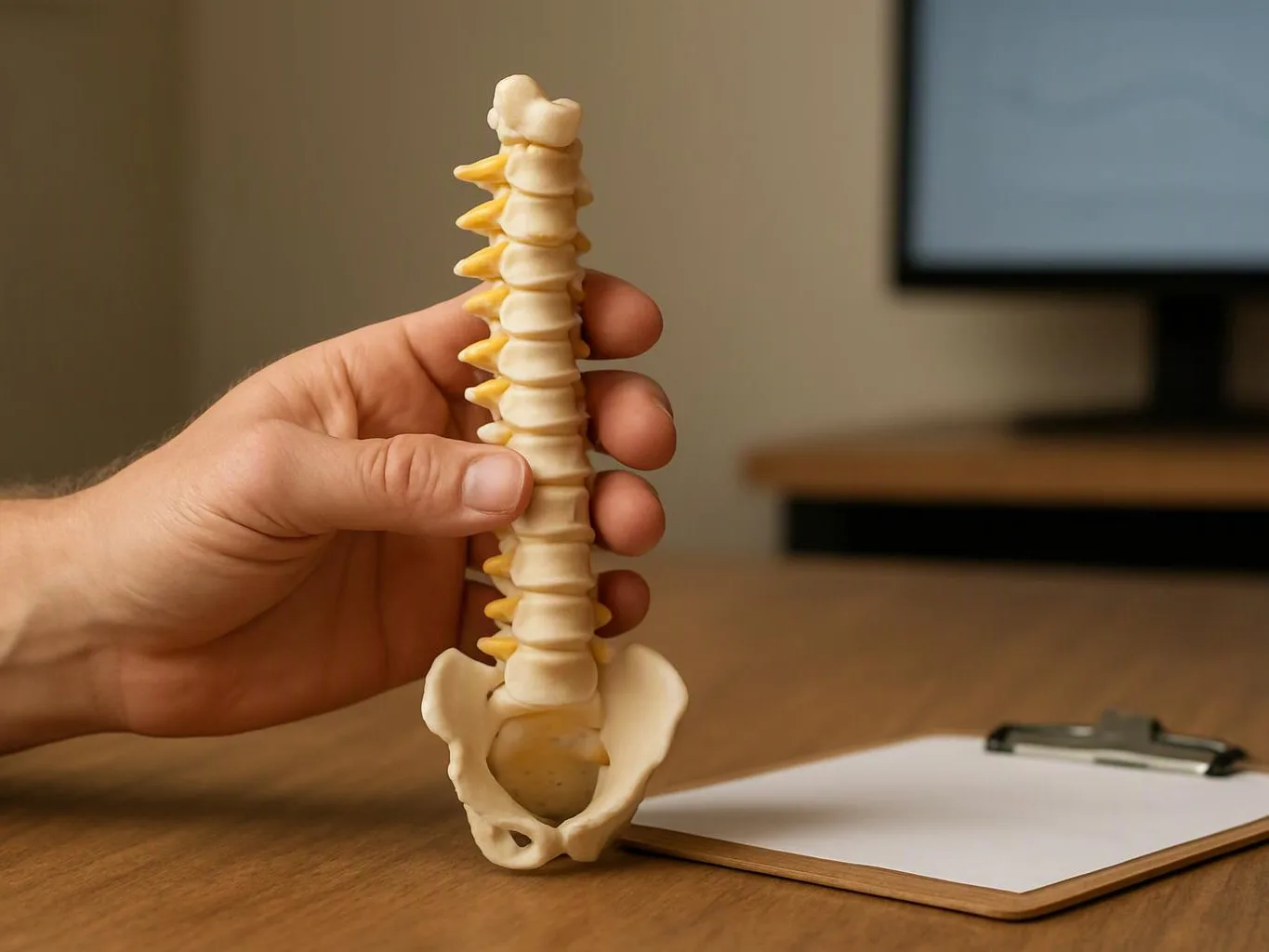 A hand holds a small spine and pelvis model beside a clipboard on a wooden table