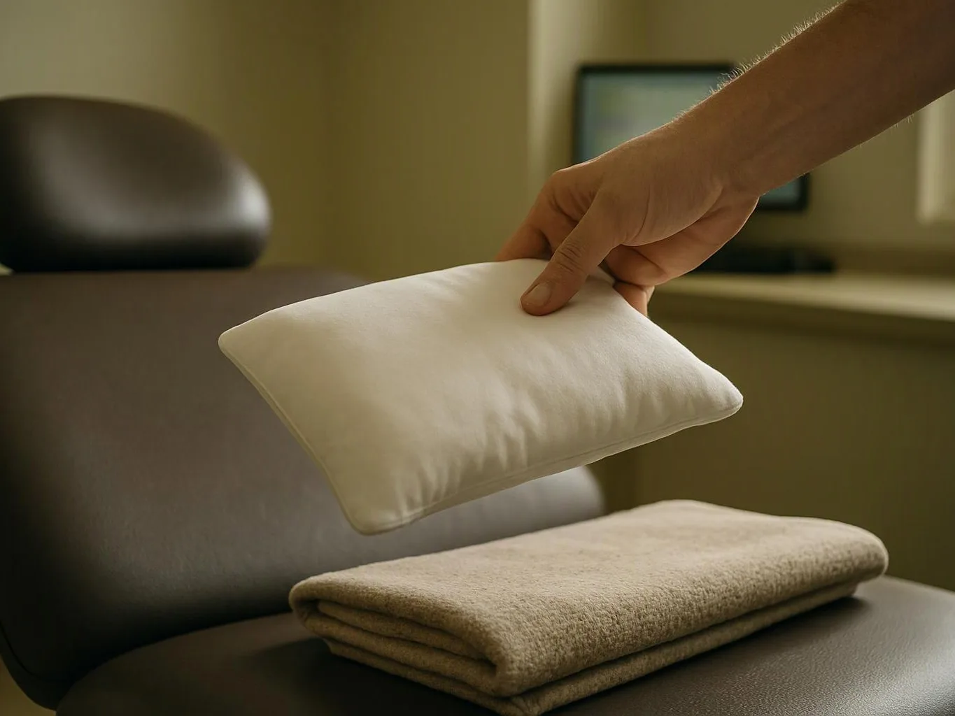 A hand holds a small white pillow above a folded beige blanket on a chair
