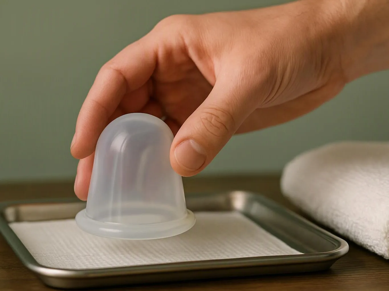 A hand places a clear silicone suction cup on a metal tray lined with paper towel