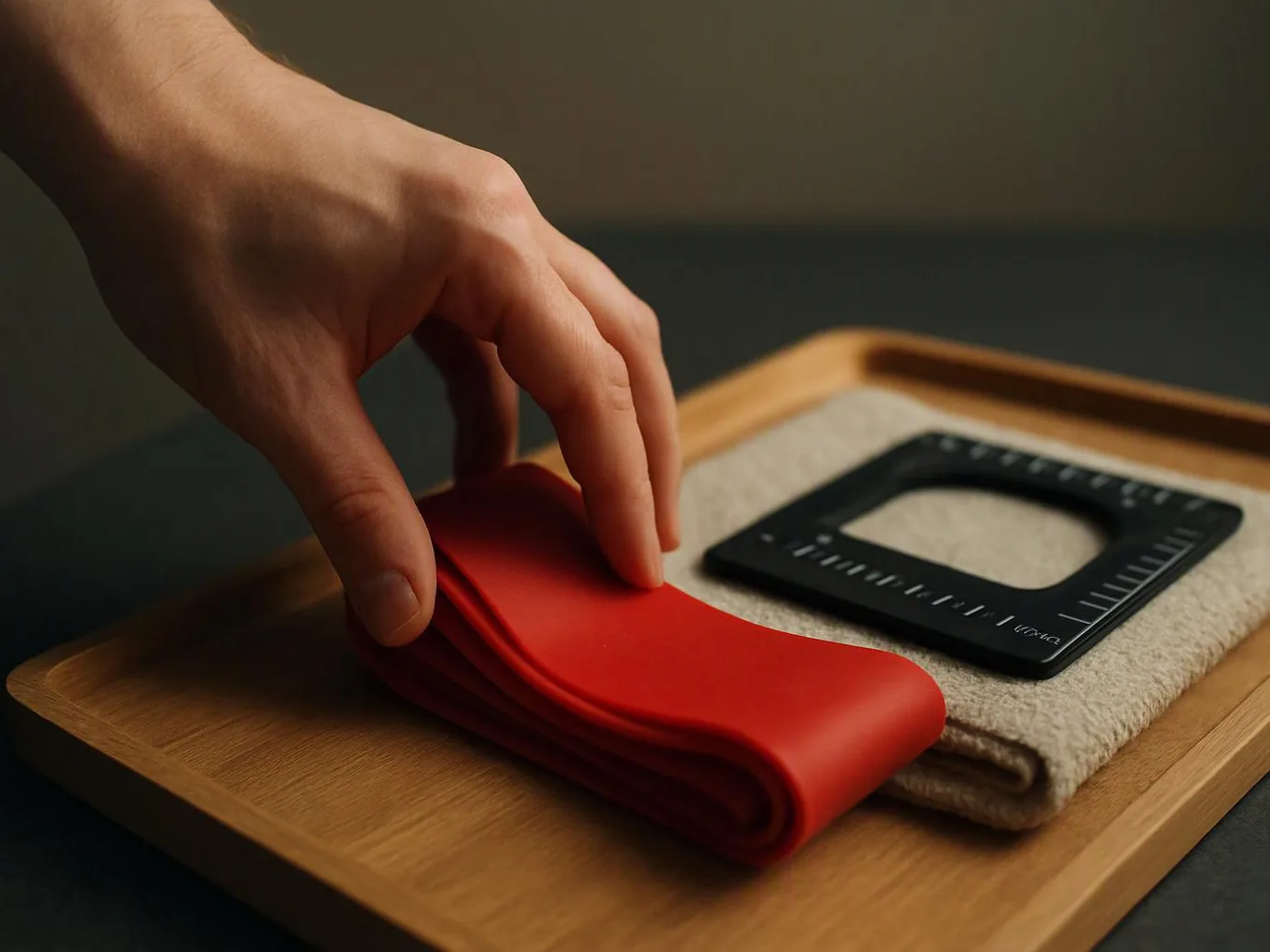 A hand places a folded red fabric beside a black square ruler on a wooden tray