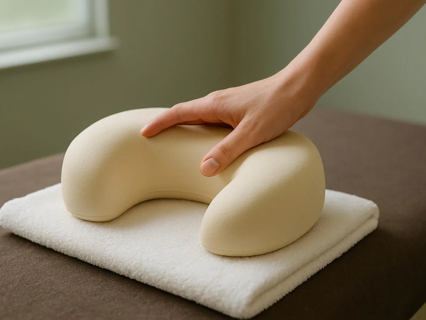 A hand presses a beige U-shaped cushion on a white folded towel on a brown surface