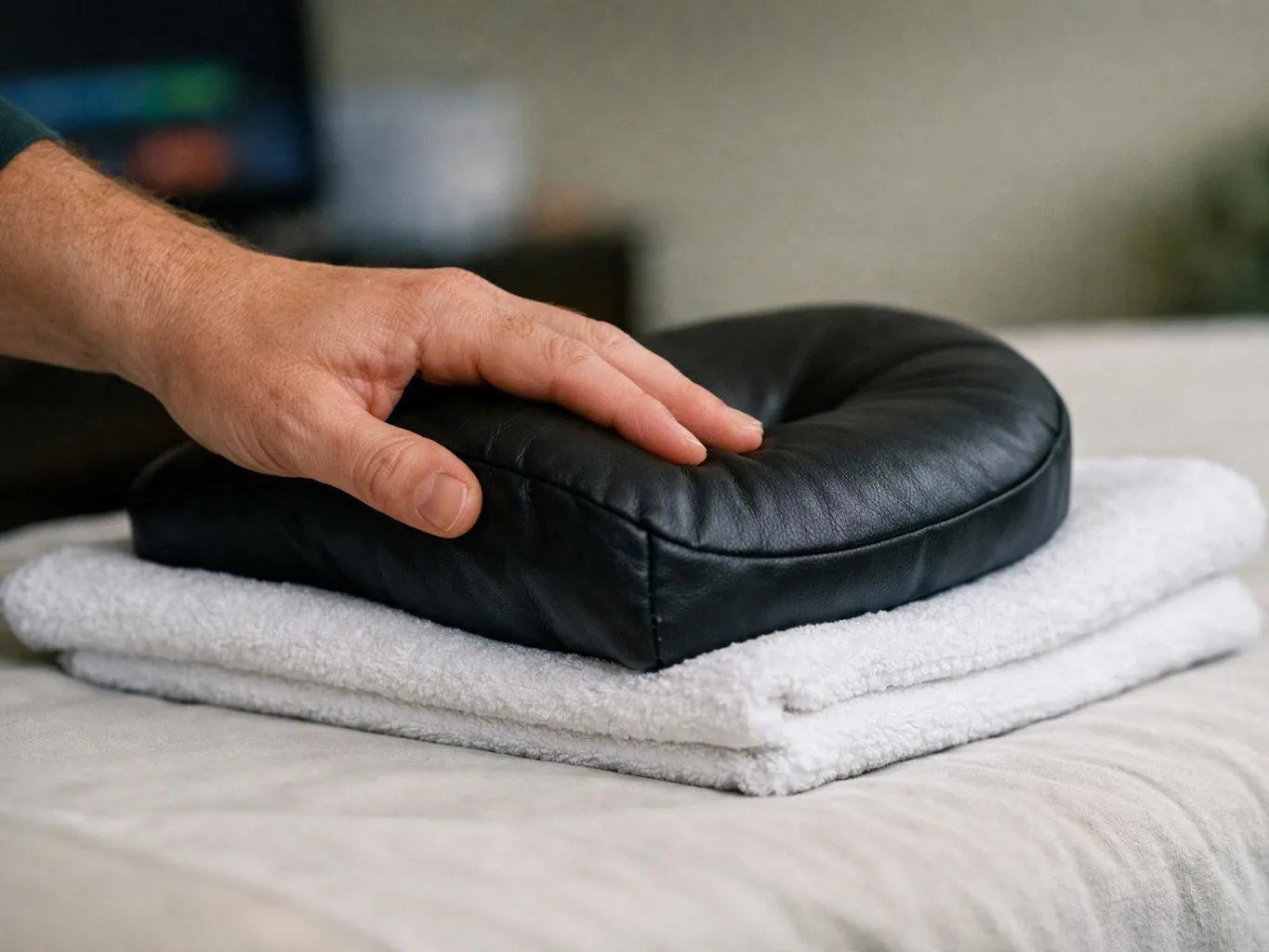 A hand presses a black leather cushion on folded white towels on a bed