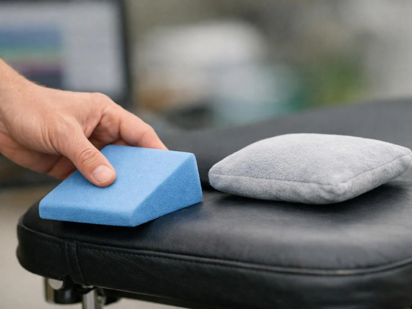 A hand presses a blue foam wedge beside a gray cushion on a black padded table