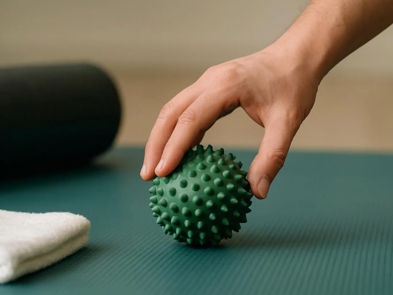 A hand presses a green spiky massage ball on a teal mat beside a rolled towel