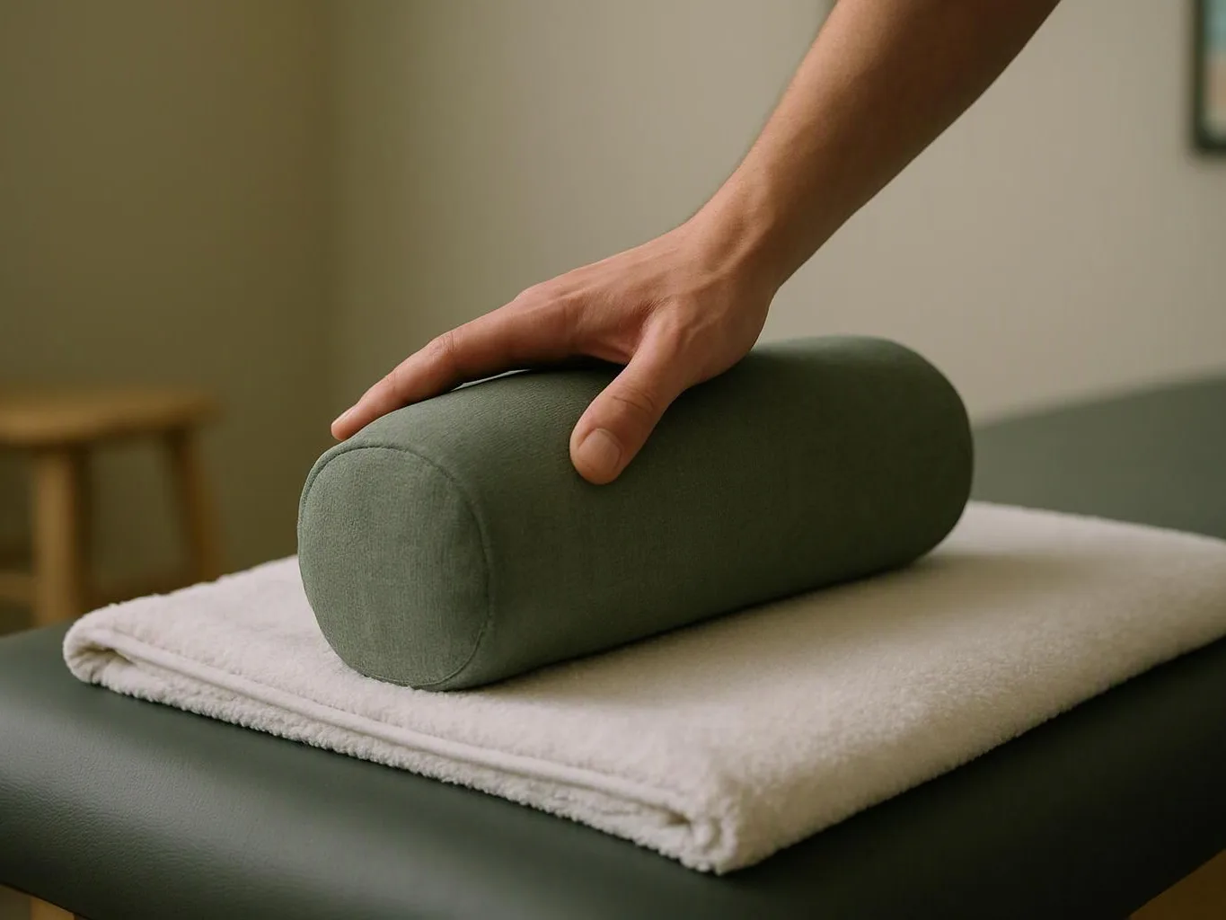 A hand rests on a green cylindrical bolster atop a folded white towel on a padded table