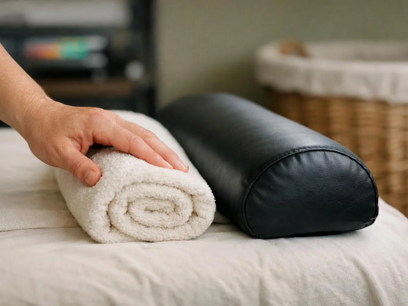 A hand rests on a rolled white towel beside a black bolster on a massage table