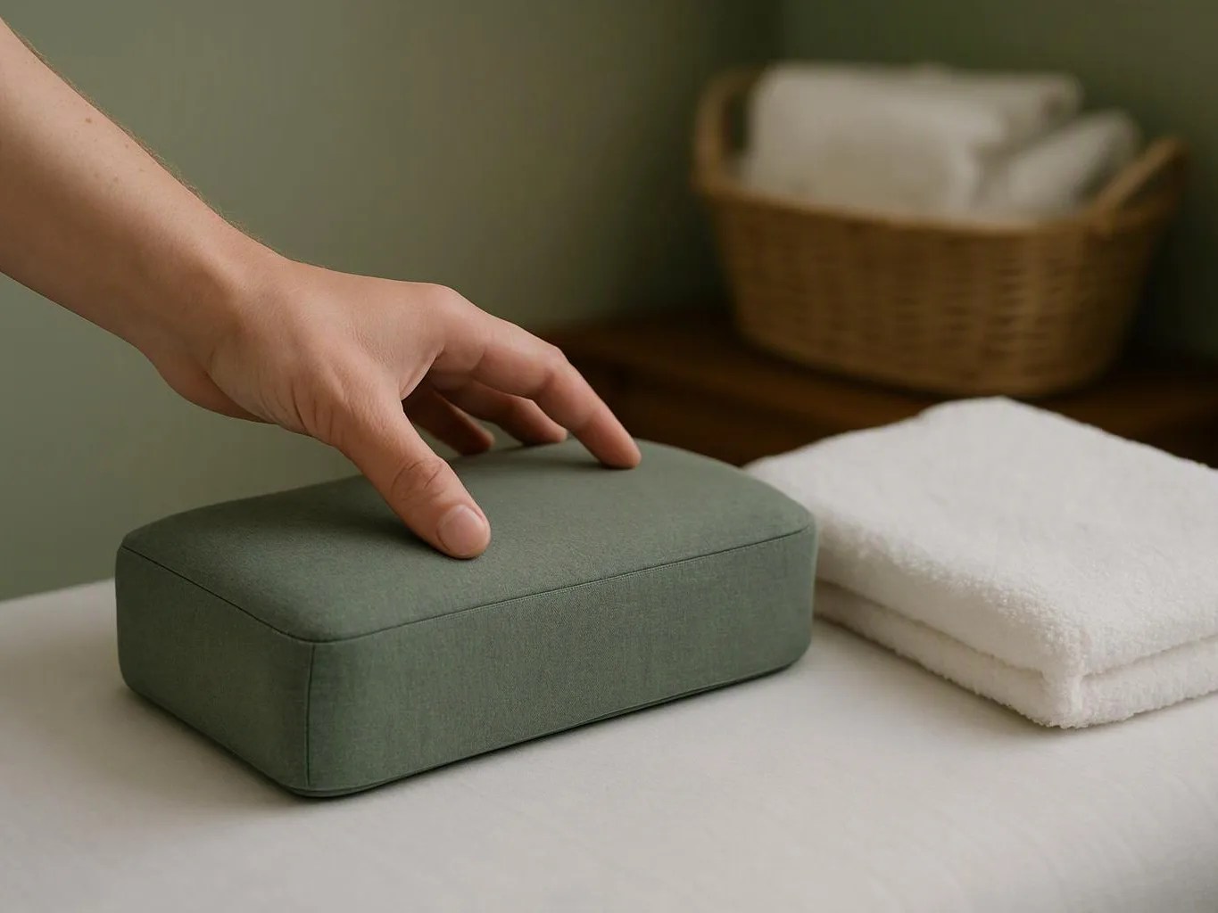 A hand touches a green fabric box beside folded white towels on a table