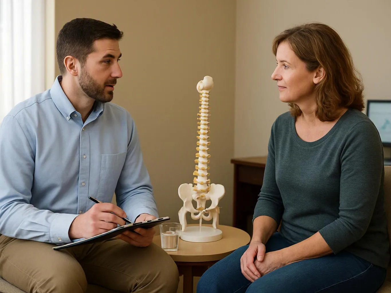 A doctor talks with a seated woman beside a spine model in a clinic office
