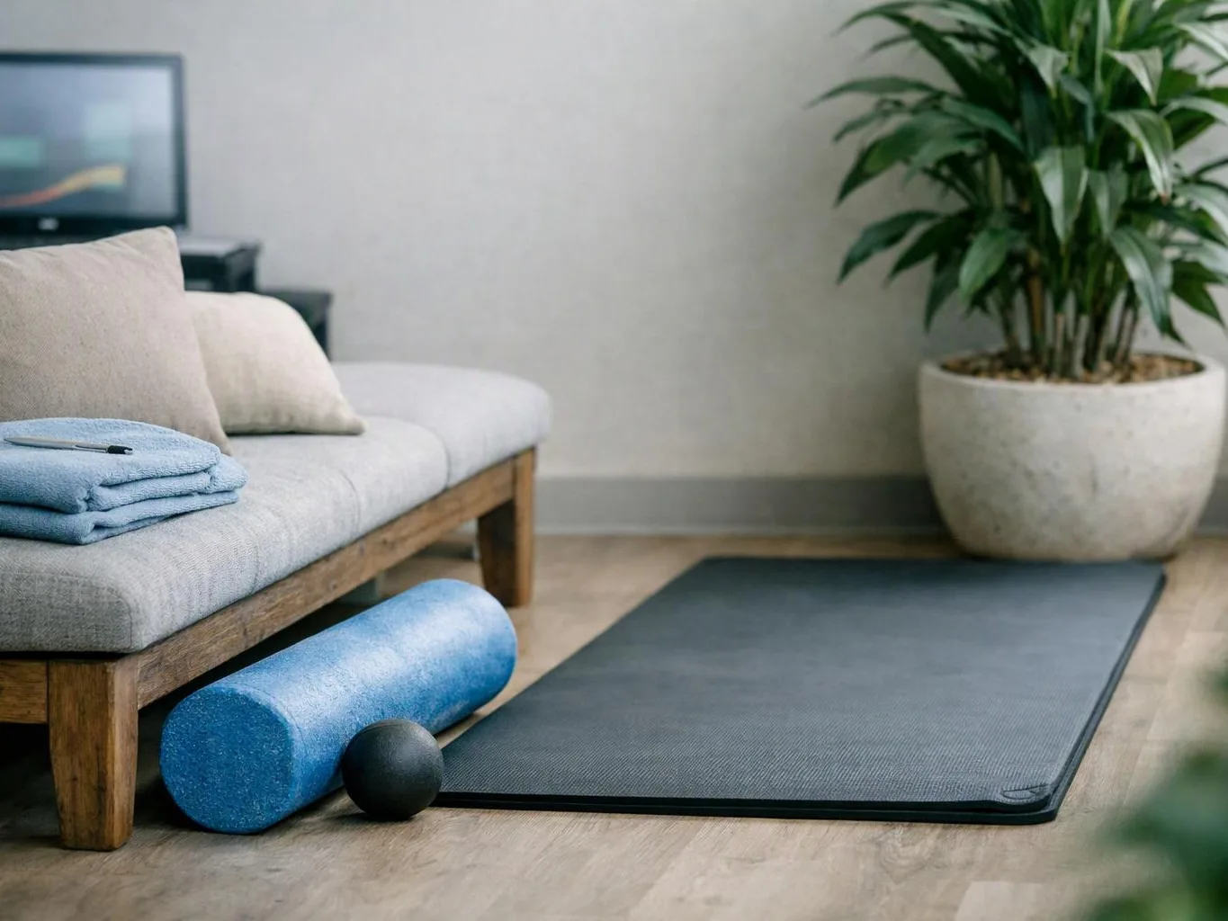 A living room corner with a sofa, folded towels, exercise rollers, a yoga mat, and a potted plant