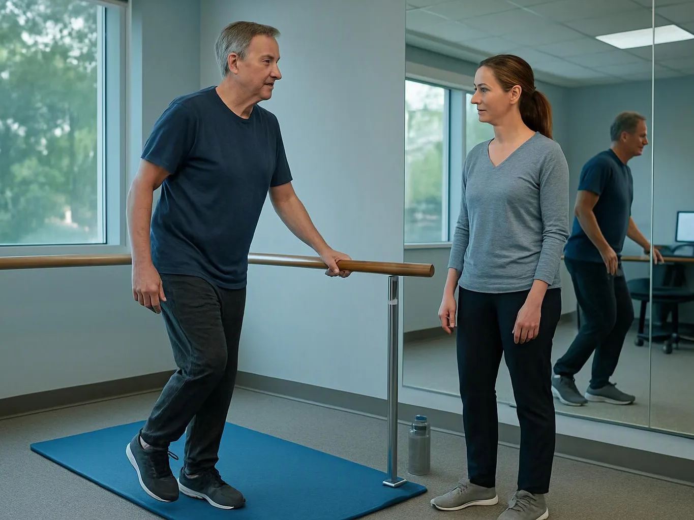 A man balances on one leg at a barre while a woman stands nearby in a mirrored studio