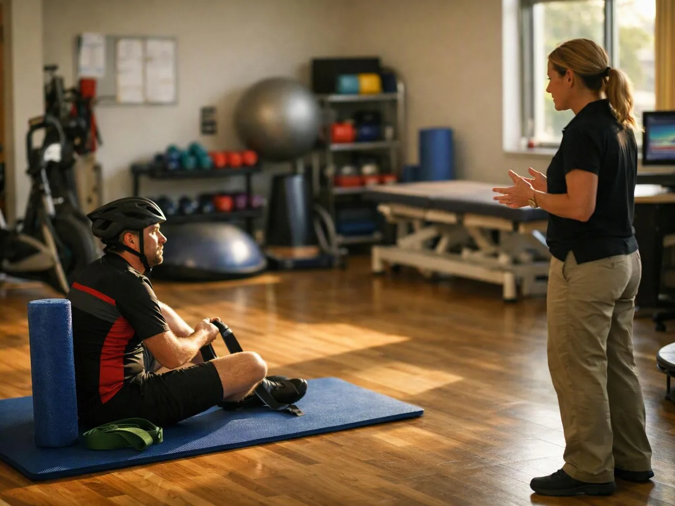 A man in a helmet sits on a blue mat in a gym while a woman stands nearby talking to him