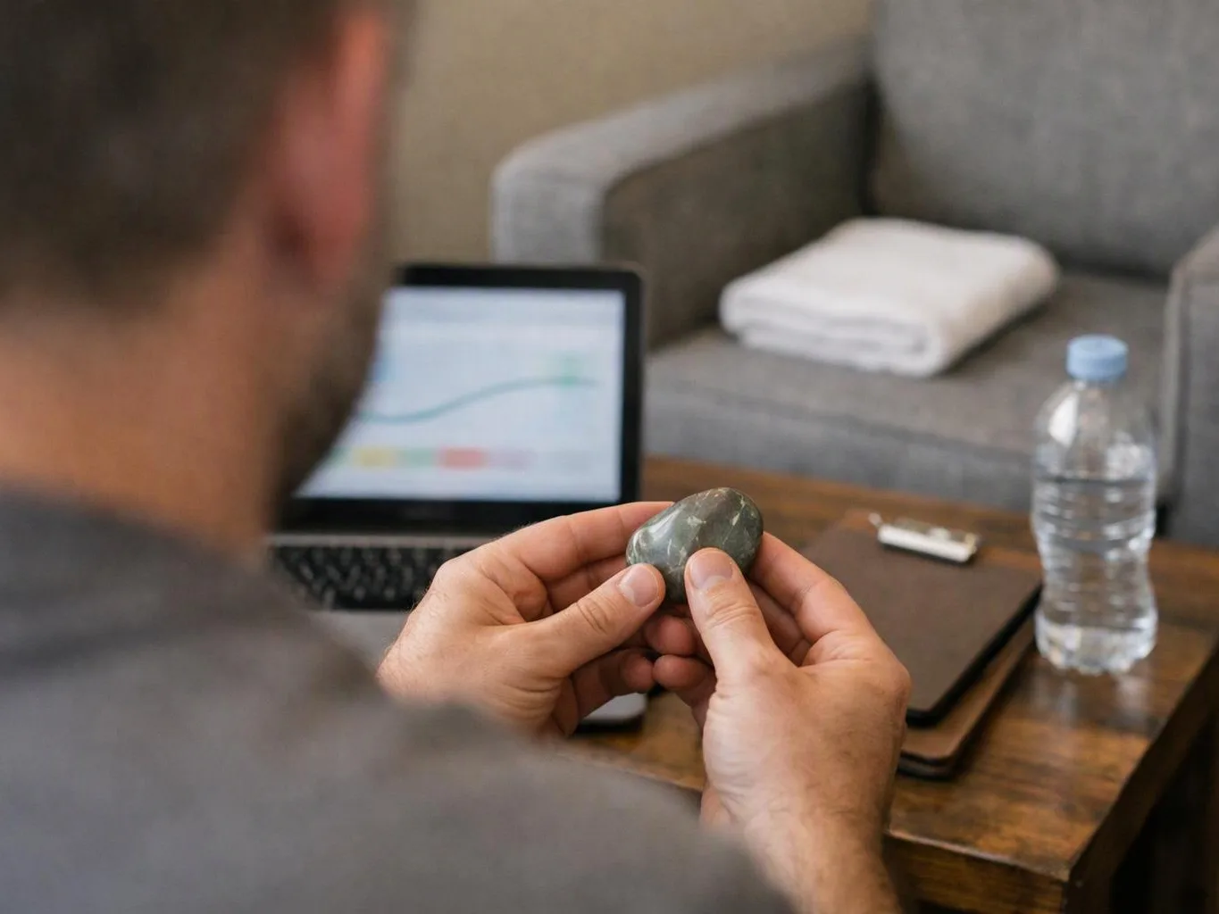 A man holds a small stone while sitting at a table with a laptop, water bottle, and folded towels nearby