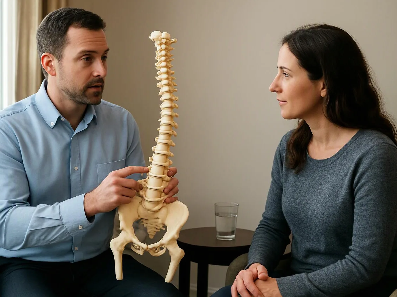 A man points to a spine model while speaking with a woman in a quiet clinic room