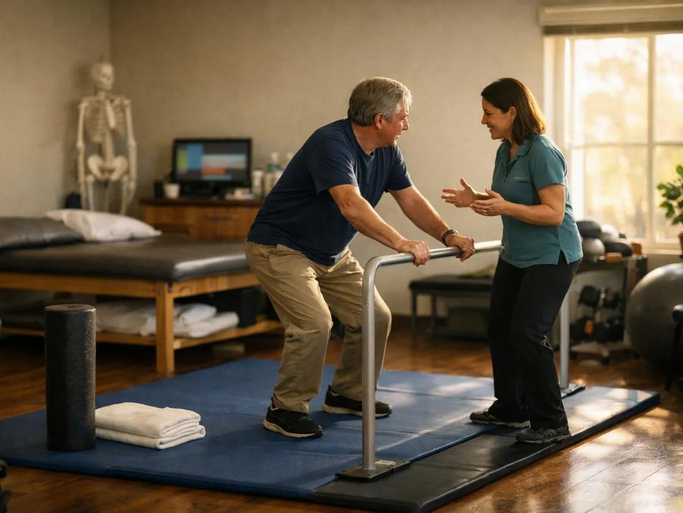 A man practices standing with parallel bars while a woman coaches him in a therapy room