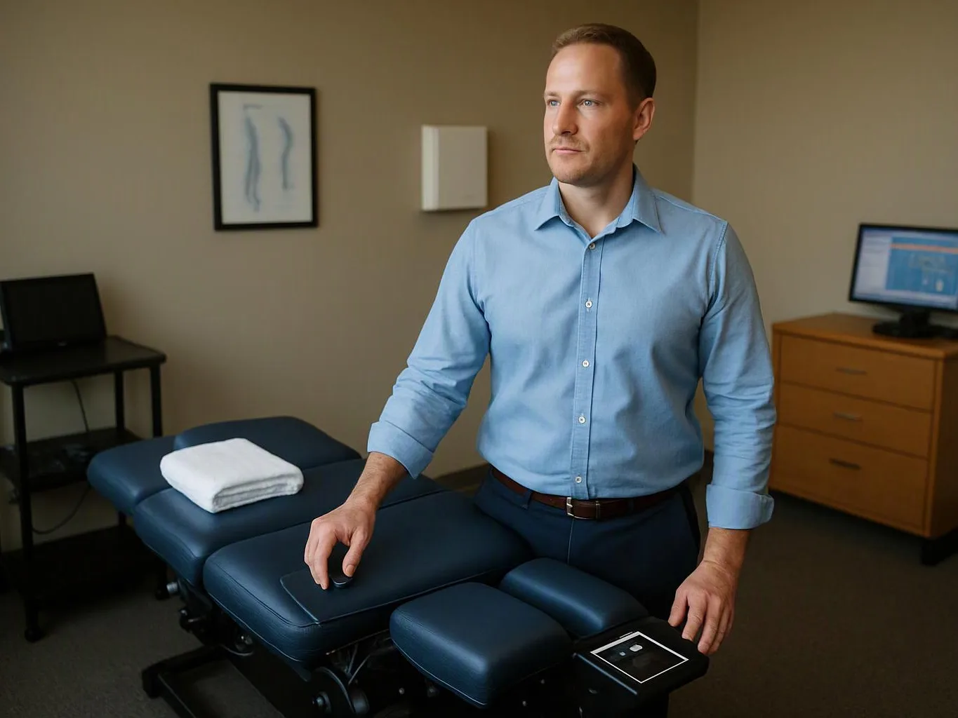 A man stands beside a blue examination table in a quiet medical office, with folded towels and a monitor nearby
