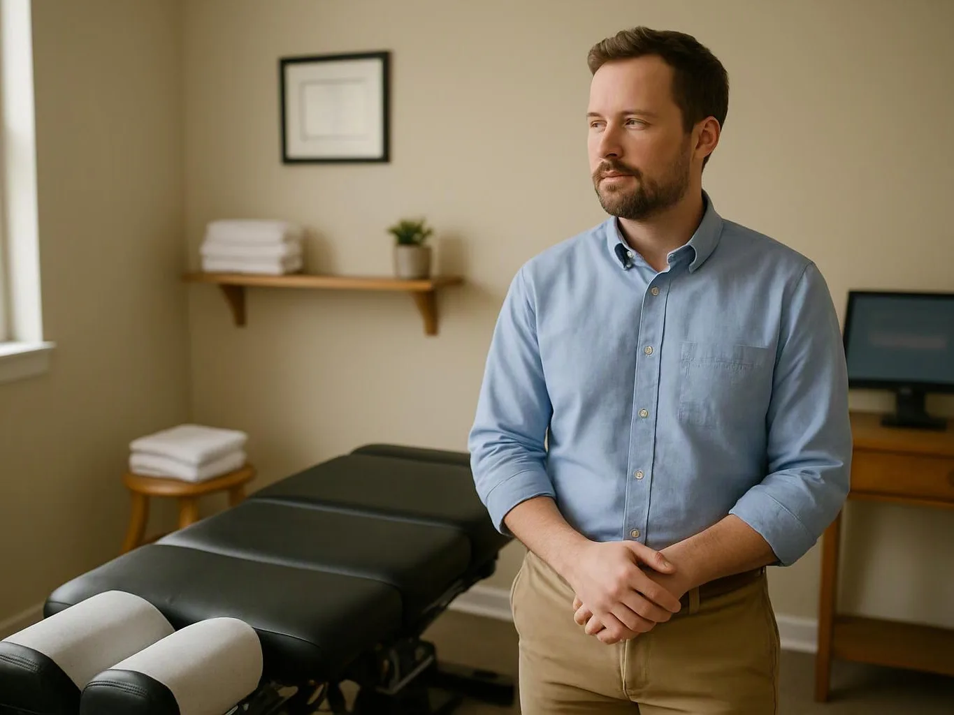 A man stands beside a padded treatment table in a calm room with towels, shelves, and a desk