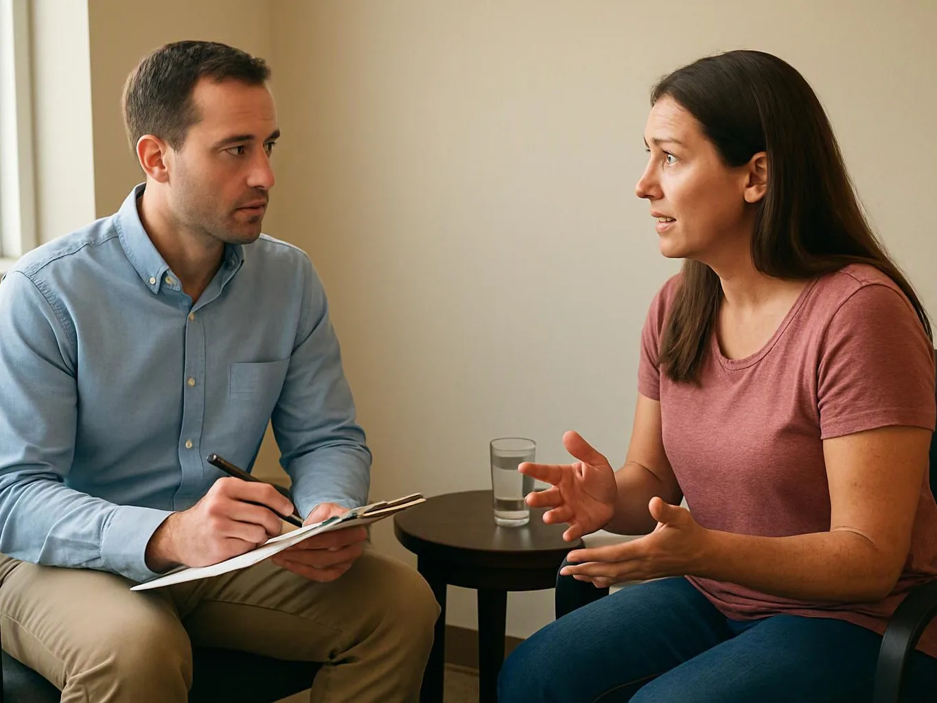 A man takes notes while listening to a woman speak beside a small table with a glass of water