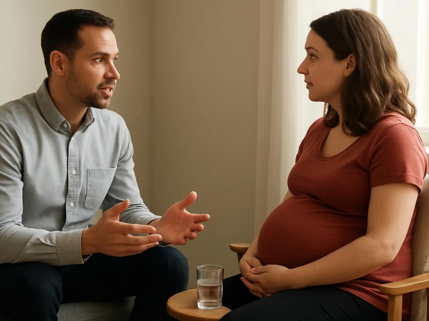 A man talks with a pregnant woman seated across from him in a softly lit room
