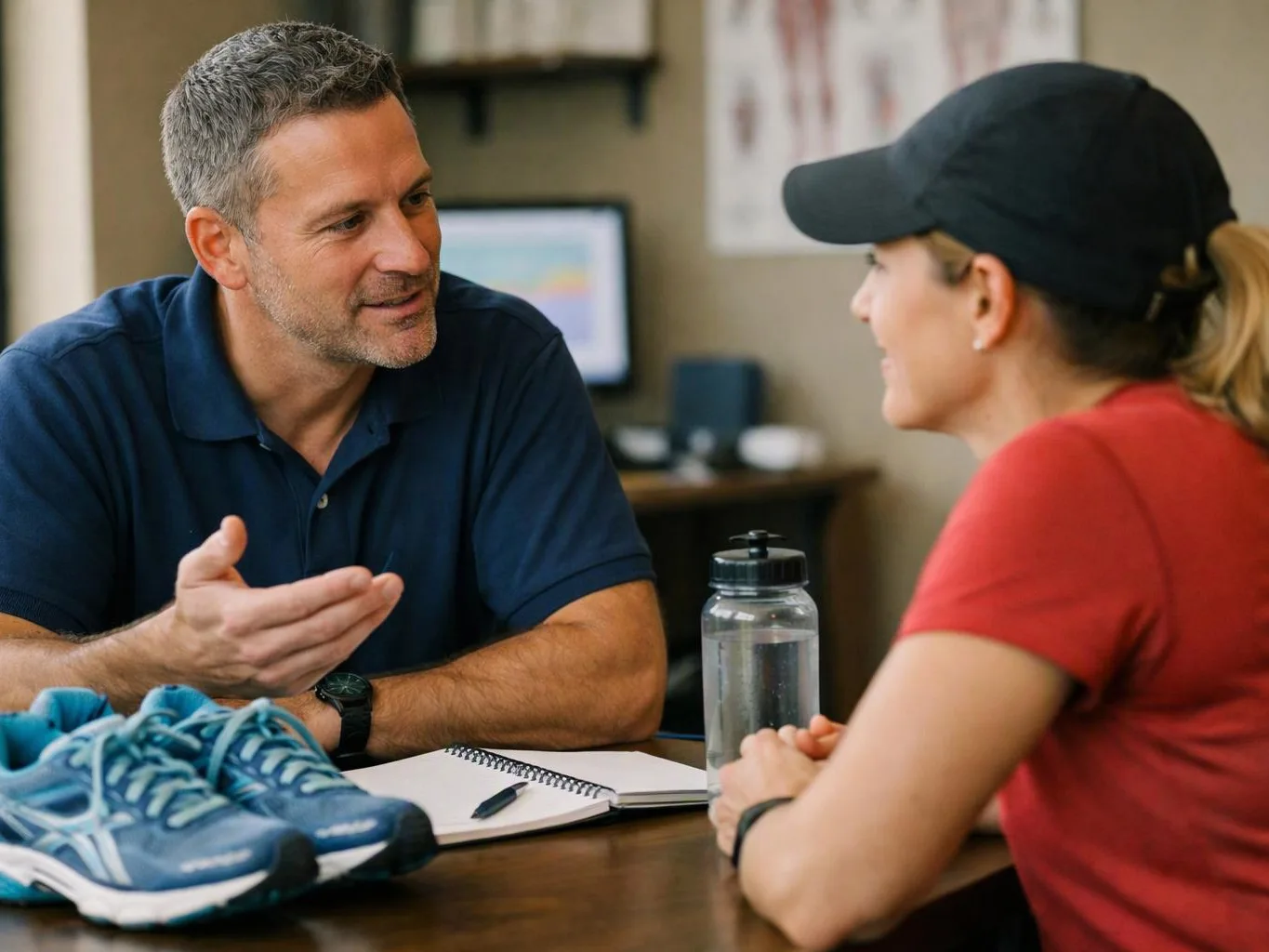 A man talks with a woman across a desk, with running shoes, a notebook, and a water bottle on the table