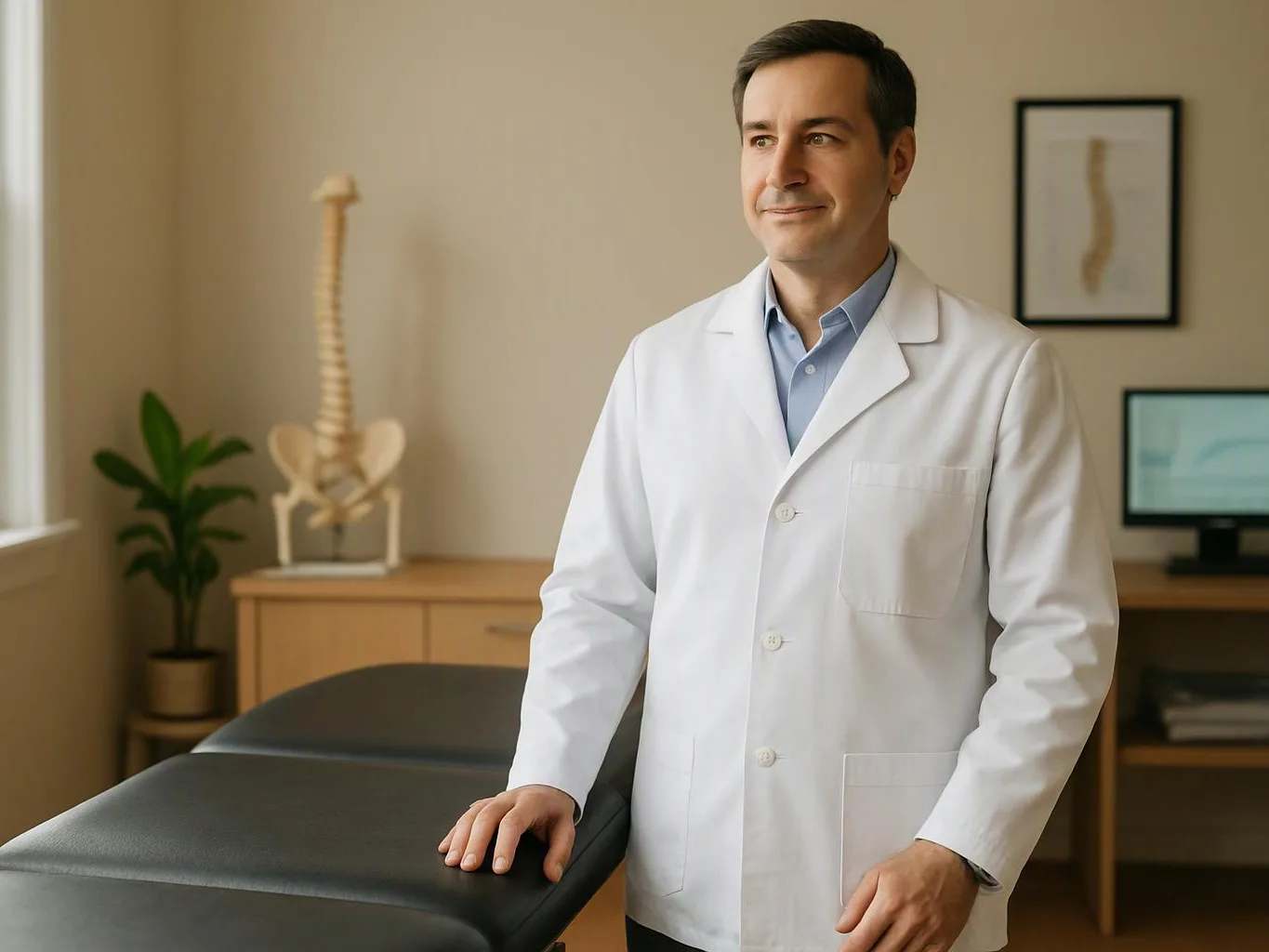 A man in a white lab coat stands beside a black exam table in a medical office